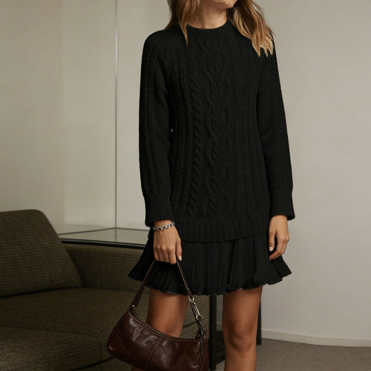 Damen Langer Zopfstrick-Pulloverkleid mit Rundhals EB