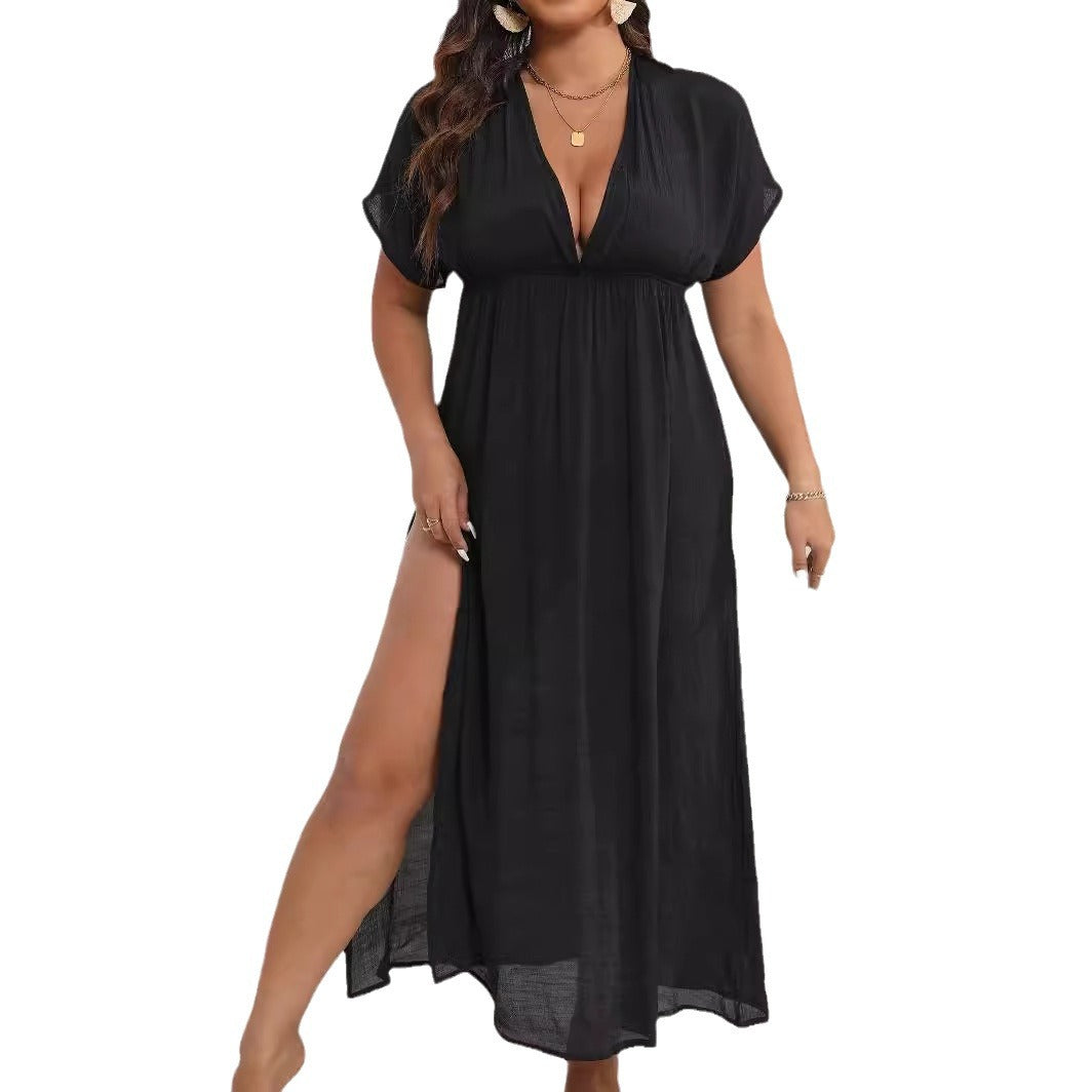Damen luftiges Maxikleid mit tiefem V-Ausschnitt und seitlichen Schlitzen EB