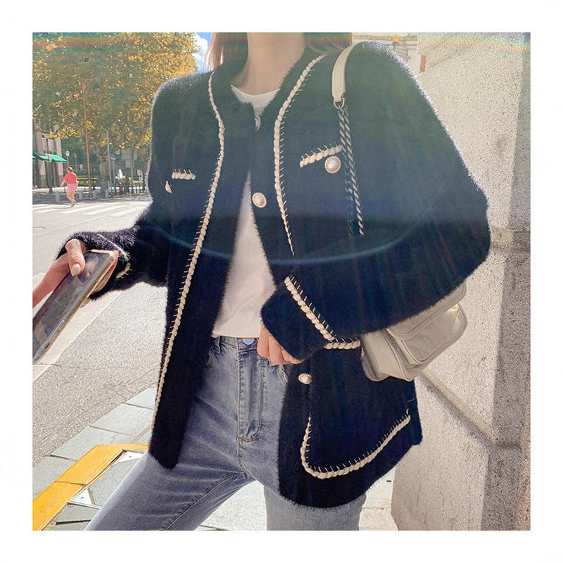 Damen modische Strickjacke mit eleganten Kontrastnähten und Knopfdetails EB