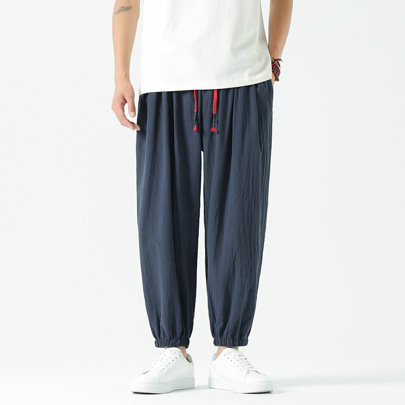 Herren nan locker geschnittene Leinen-Baumwoll Hose mit Kordelzug und elastischen Bündchen EB