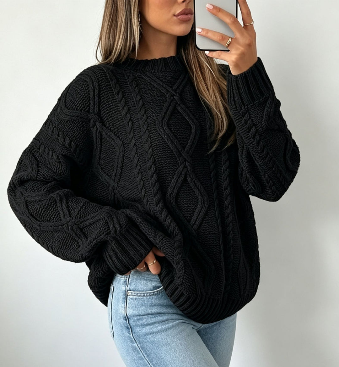 Damen Oversize Flechtstrick-Pullover mit Zopfmuster und Rundhals EB
