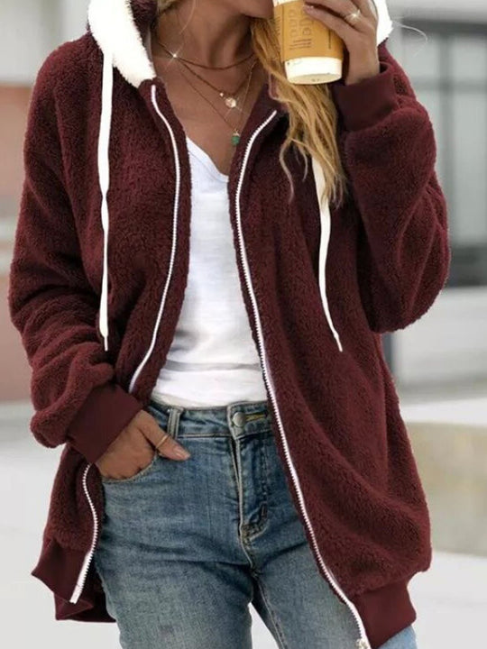 Damen Kuschelige Teddy-Fleece-Kapuzenjacke mit Reißverschluss und Oversized-Schnitt EB