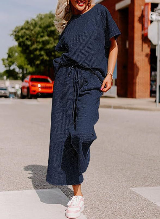 Damen lässiges Jumpsuit-Set aus weichem Material mit elastischem Bund und weit geschnittenen Beinen EB
