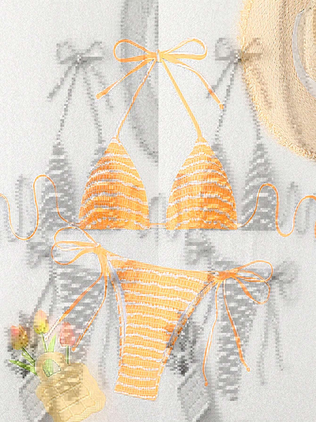 Damen Triangel-Bikini mit feinem Streifenmuster und raffinierten Bindebändern EB