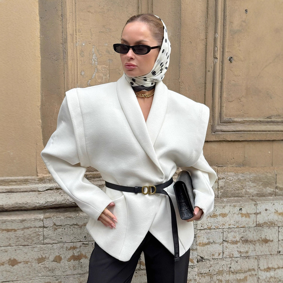 Damen Modischer Oversized-Wollmantel mit tailliertem Design und Gürtel EB