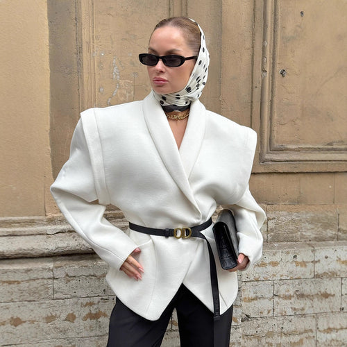 Damen Modischer Oversized-Wollmantel mit tailliertem Design und Gürtel EB