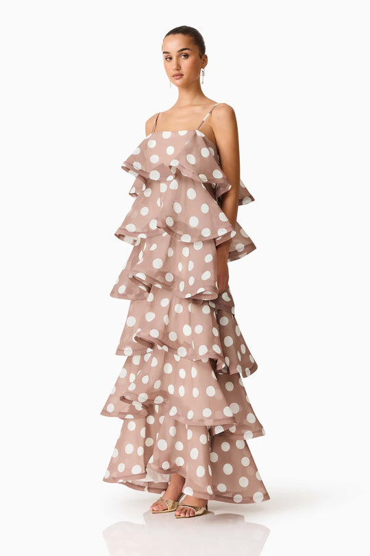 Damen Maxikleid mit verspielten Rüschen und Punkten EB