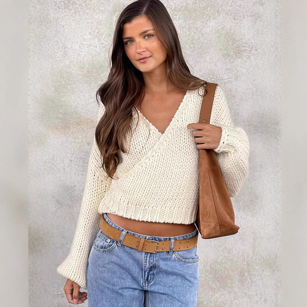 Damen kuscheliger Strickpullover mit modernem Wickeldesign EB