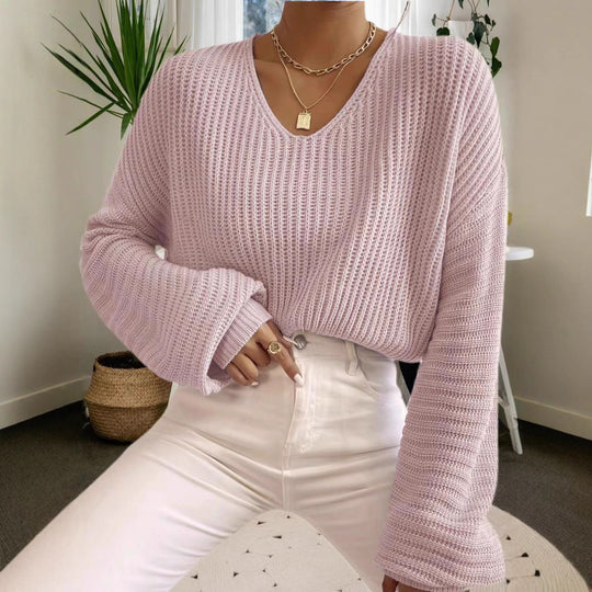Damen lässiger Strickpullover mit weitem V-Ausschnitt und extra langen Ärmeln EB