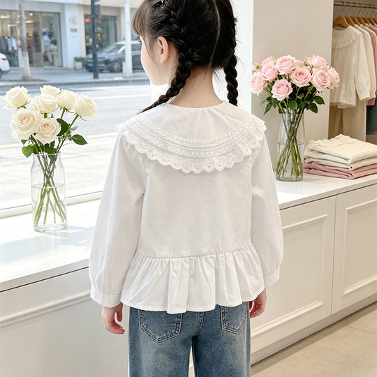 Mädchen elegante Bluse mit Spitzensaum und Rüschendetails EB