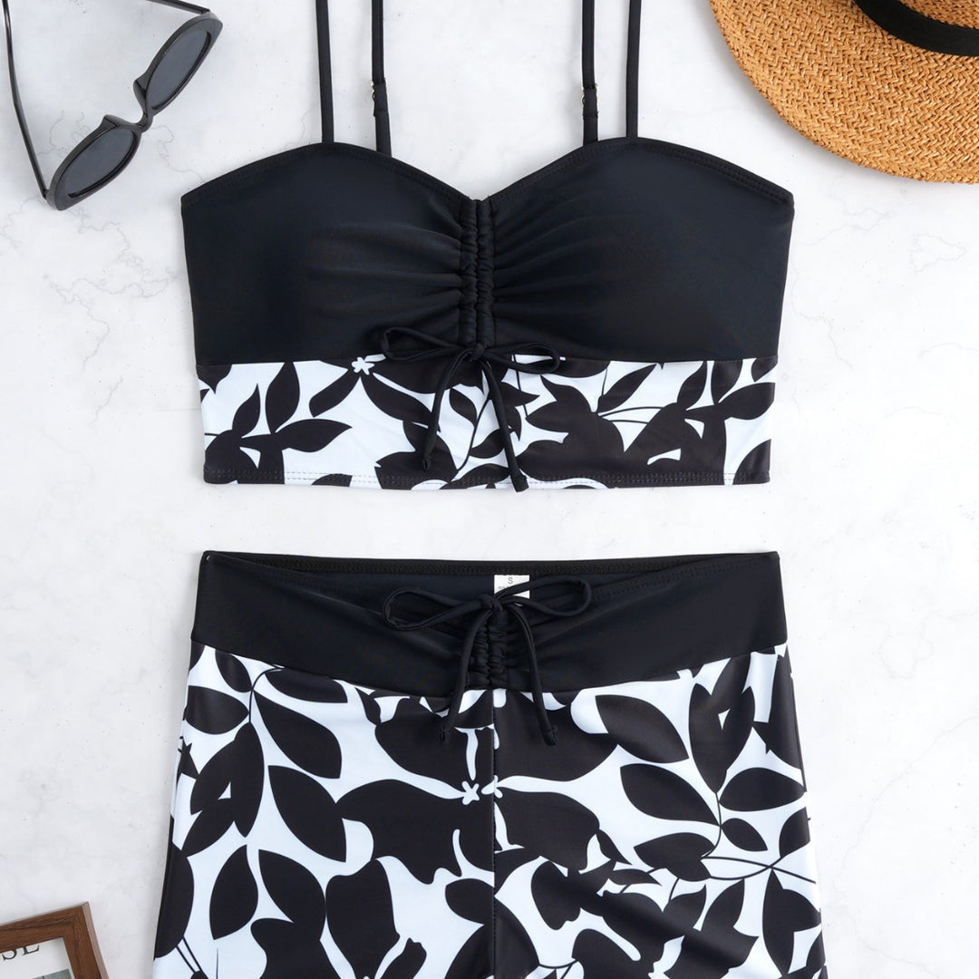 Damen Bikini-Set mit modischer Raffung und hoch taillierter Shorts EB