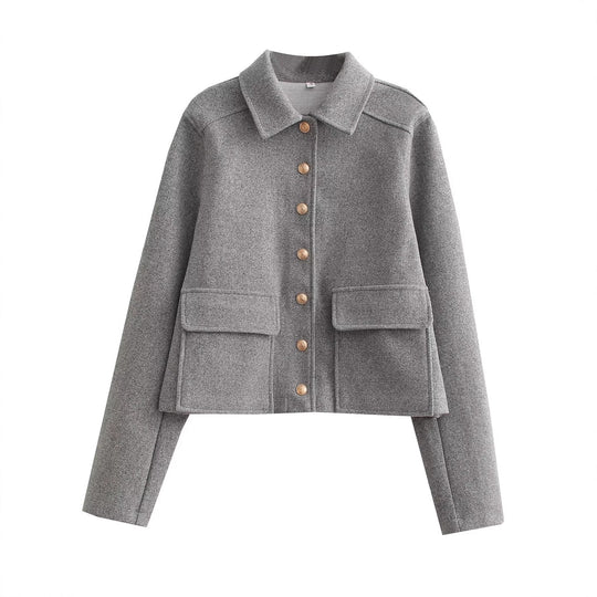 Damen Kurztaillierte Wolljacke mit Zierknöpfen und Pattentaschen EB
