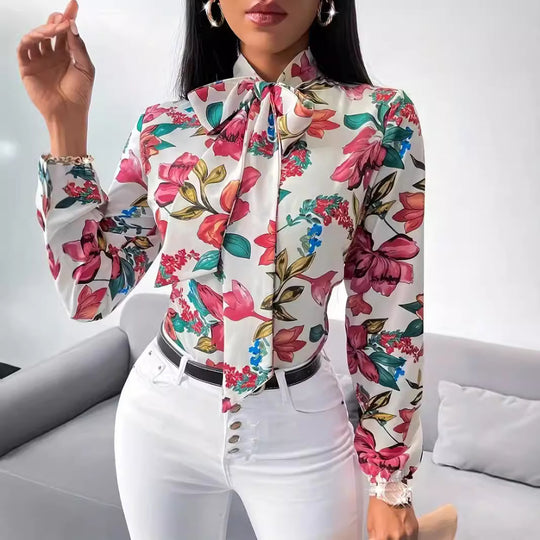 Damen Bluse mit Schleifen-Detail und floralem Design EB