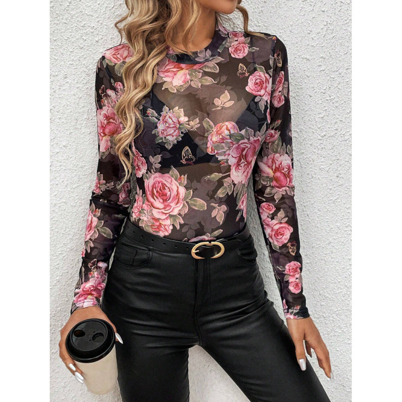 Damen Transparente Bluse mit floralen Details und langem Arm EB