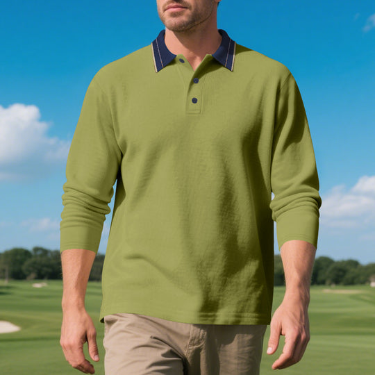 Herren elegantes Langarm-Polohemd mit kontrastierendem Kragen und modischen Knopfdetails EB