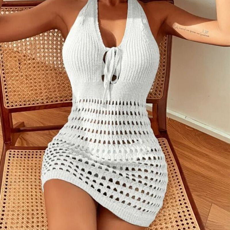 Damen gehäkeltes Strandkleid mit tiefem V-Ausschnitt und raffinierten Cut-Out-Details EB