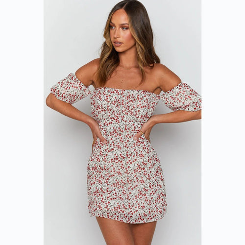 Damen Off-Shoulder Minikleid mit voluminösen Ärmeln und floralem Design EB