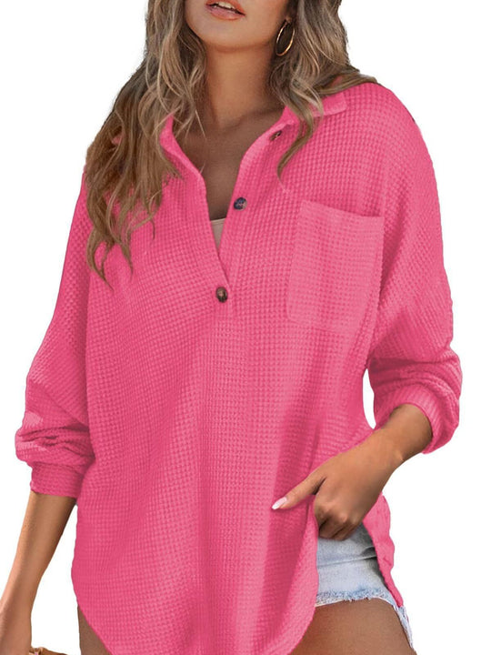 Damen Waffelstruktur Bluse mit Knopfleiste und Brusttasche EB