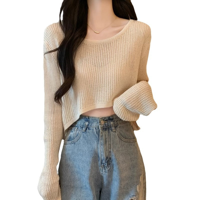 Damen Cropped Strickpullover mit feinem Gewebemuster und lässigen Schulterpartien