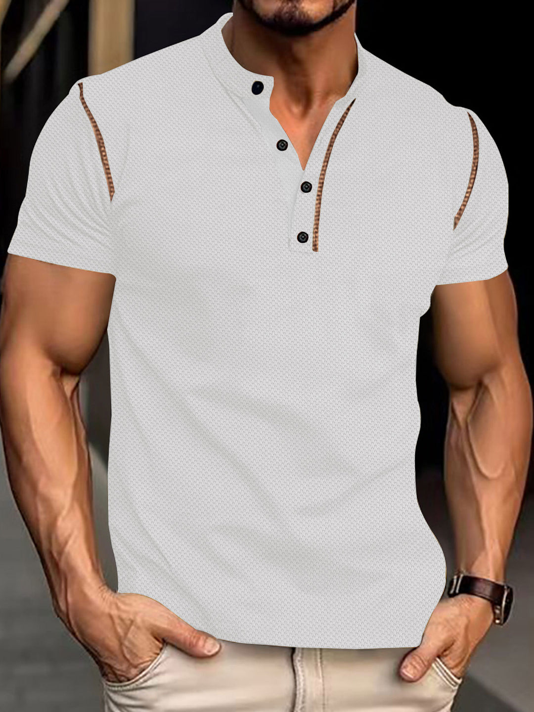 Herren nan tailliertes Struktur-Poloshirt mit Stehkragen und Zierpaspel EB