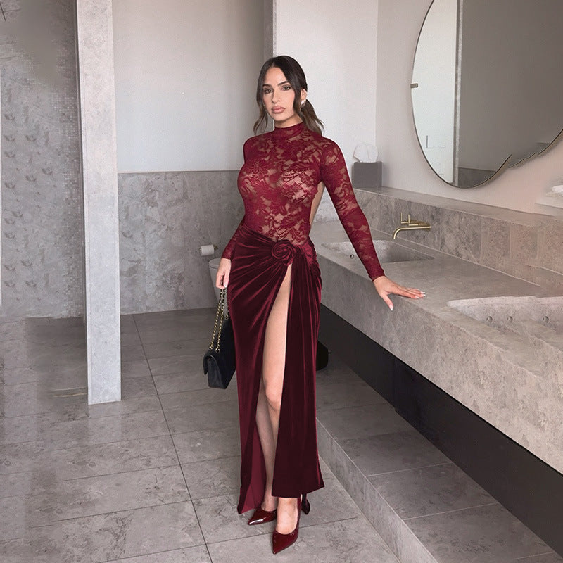 Damen Elegantes Spitzen- und Samt-Abendkleid mit hohem Schlitz und dekorativem Gürtel EB