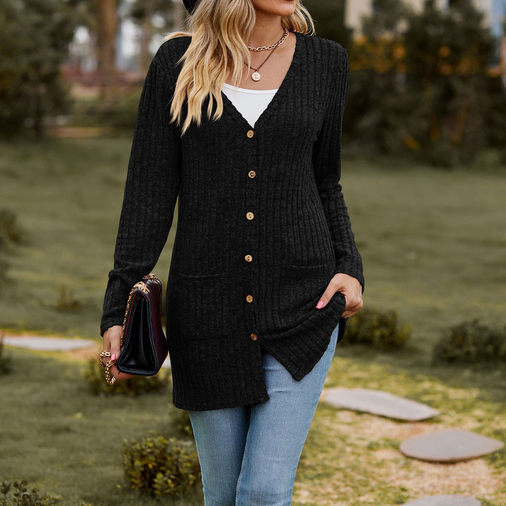 EB | Strickjacke Wollstrick Lässige Passform Knöpfe Rippstrick mit Taschen