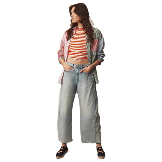 Damen nan hochgeschnittene weite Culotte-Jeans mit verkürzter Länge und dekorativen Nahtdetails EB