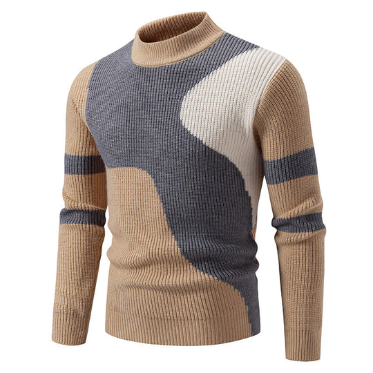 Herren nan gerippter Feinstrickpullover mit Stehkragen und kontrast-Blockdesign EB