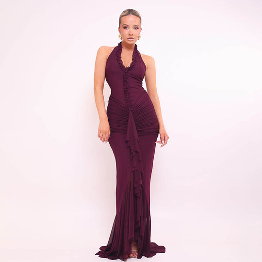 Damen Maxikleid mit tiefem V-Ausschnitt und elegantem Rüschendesign EB