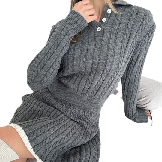 Damen nan Kabelstrick-Set mit Polo-Kragen und ausgestelltem A-Linien-Rock EB