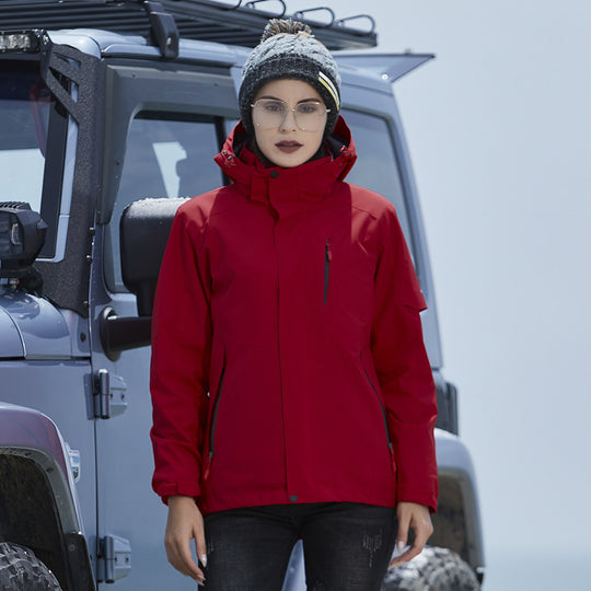 Damen Wasserdichte Outdoorjacke mit Kapuze, atmungsaktiver Membran und Multifunktions‑Reißverschlusstaschen EB