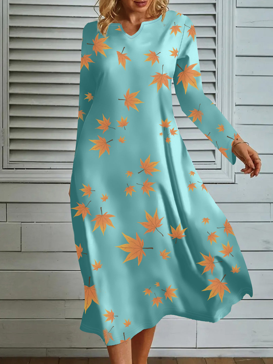 Damen Maxikleid mit V-Ausschnitt und herbstlichem Blattdesign EB