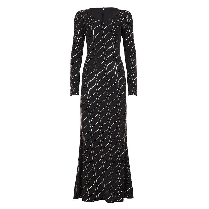 Damen nan langärmeliges Bodycon-Mermaid-Abendkleid mit Wellen-Strassbesatz EB