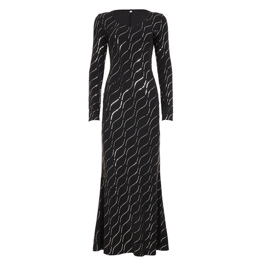 Damen nan langärmeliges Bodycon-Mermaid-Abendkleid mit Wellen-Strassbesatz EB