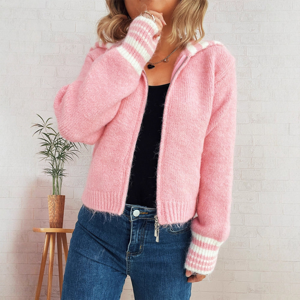 Damen kuschelige Strickjacke mit stilvollem Reißverschluss und modischen Streifen EB