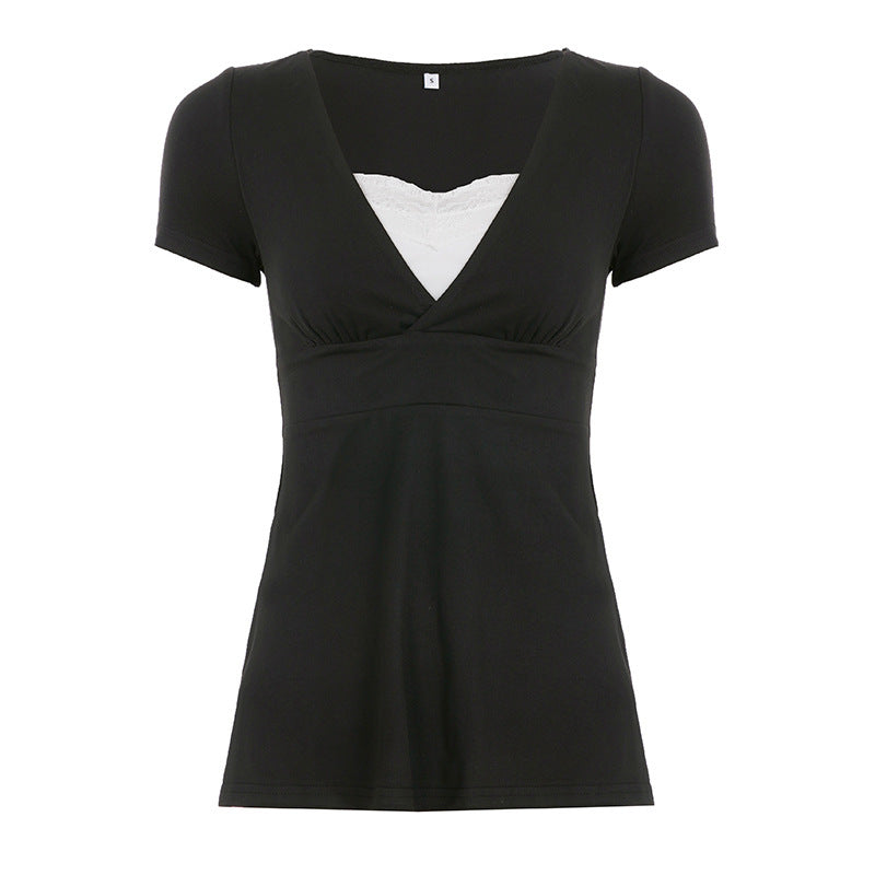 Damen V-Ausschnitt Shirt mit Rüschendetails und elastischem Bund EB