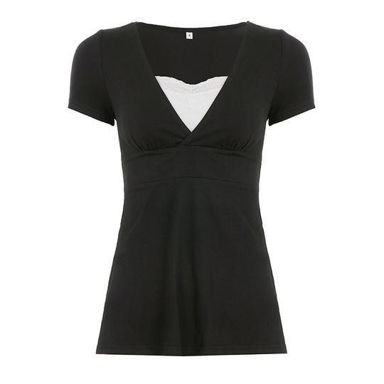 Damen V-Ausschnitt Shirt mit Rüschendetails und elastischem Bund EB
