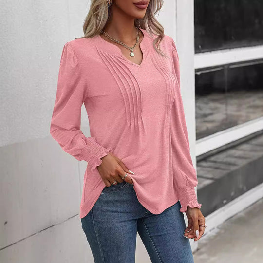 Damen nan Langarmshirt mit V-Ausschnitt, dekorativen Kellerfalten vorn und elastischen Smokbündchen EB
