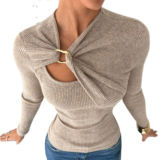 Damen nan figurbetonter Rippstrickpullover mit asymmetrischem Drehknoten und dekorativem Metallring EB