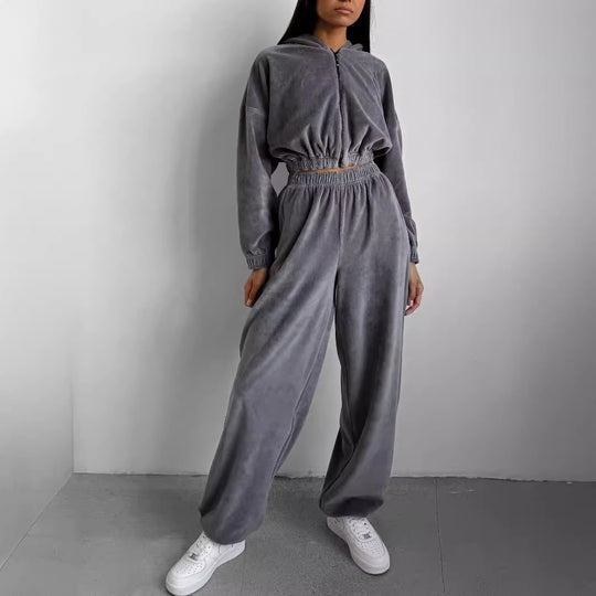 Damen nan Samt-Loungewear-Zweiteiler mit kurzem Frontzip, elastischem Komfortbund und weitem Hosenbein EB