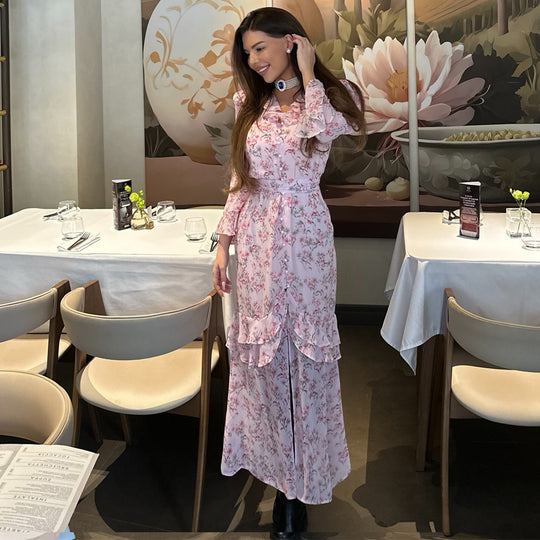 Damen Rüschenkleid mit floralem Design und elegantem V-Ausschnitt EB