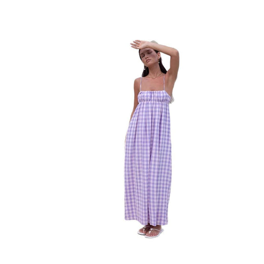 Damen Maxikleid mit Kariertem Muster und Elastischem Oberteil EB