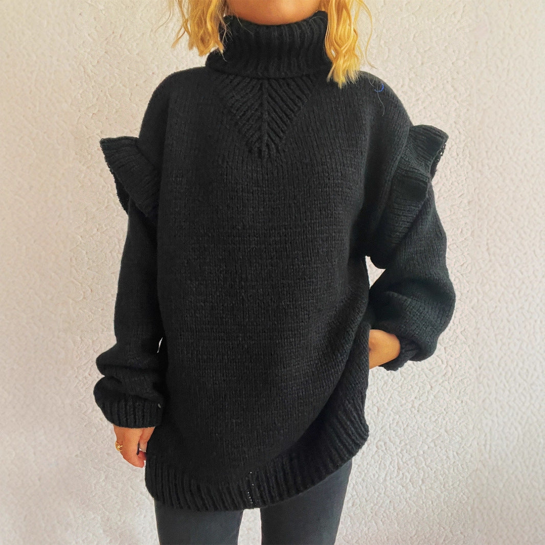 Damen kuscheliger Strickpullover mit Rüschenärmeln und hohem Kragen EB