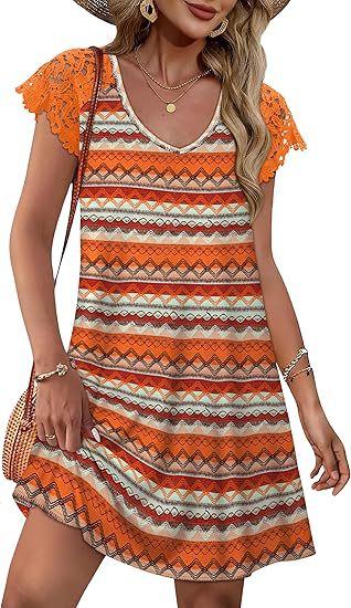 Damen Sommerkleid mit eleganten Spitzenärmeln und floralem Muster EB