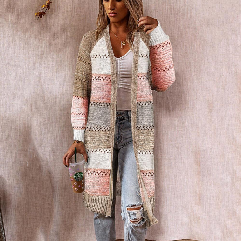 Damen Strickjacke im Retro-Patchwork-Stil mit langen Ärmeln und offenen Front EB