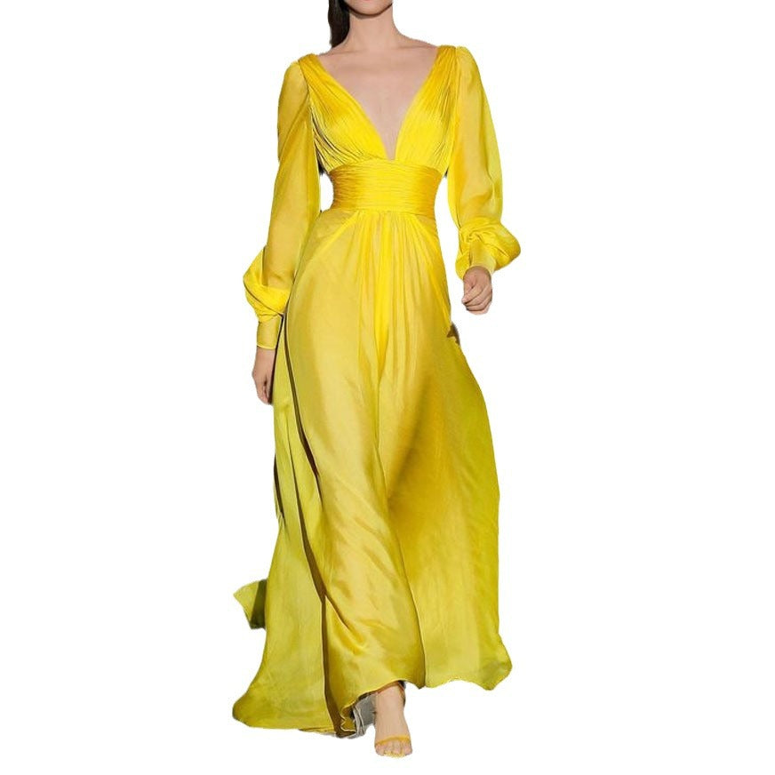 Damen Maxikleid mit tiefem V-Ausschnitt und Puffärmeln EB