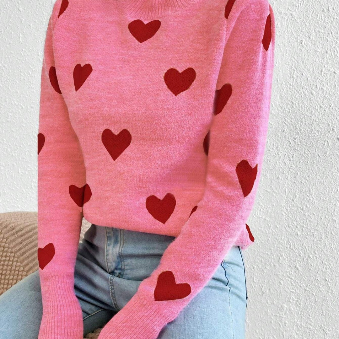 Damen nan kaschmirähnlicher Feinstrickpullover mit Allover-Herzmotiv, Rundhalsausschnitt und verlängerten Bündchen EB