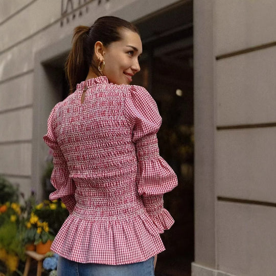 Damen Rüschenbluse mit Gingham-Muster und eleganten Puffärmeln EB