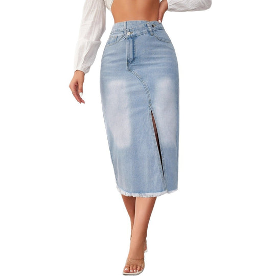 Damen Denim-Midi-Rock mit hohem Schlitz und ausgefranstem Saum EB
