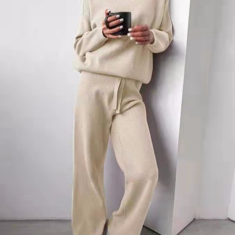 Damen kuscheliges Strick-Loungewear-Set mit weiten Hosen und elegantem Rundhalsausschnitt EB